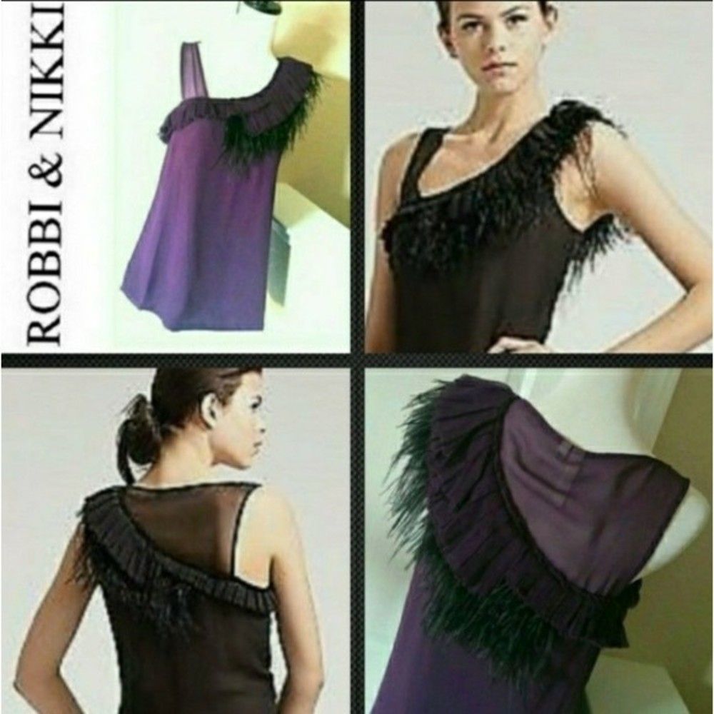 DESIGNER FEATHER TOP 100% SILK BLOUSE SLEEVELESS PURPLE SMALL WOMEN S NWOT